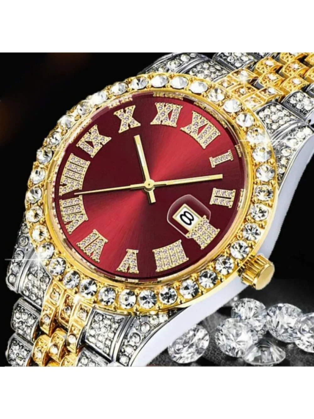 Men's Silver Red Analog Gold Crystal Rhinestone Diamond Iced-Out Bracelet Watch